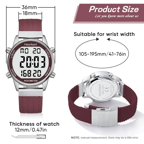 Product size diagram for a Hearkent digital watch with a burgundy strap and silver case, showing front, back, and wrist width measurements with text overlays on a white background.