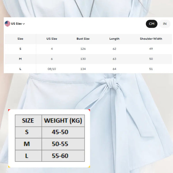 Light blue blouse with size chart overlay on a plain background