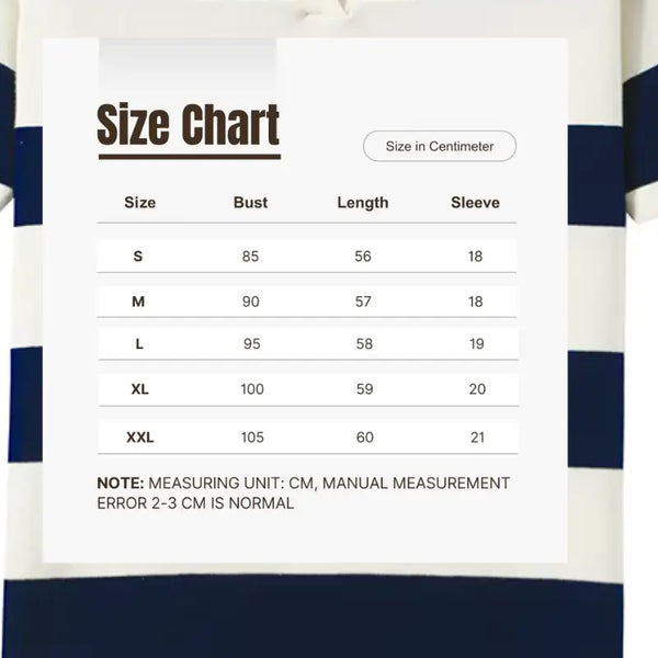 Size chart for clothing with measurements in centimeters on a striped background