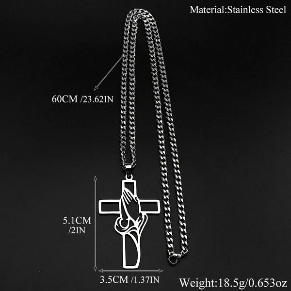 Stainless steel cross pendant necklace with measurements on a black background