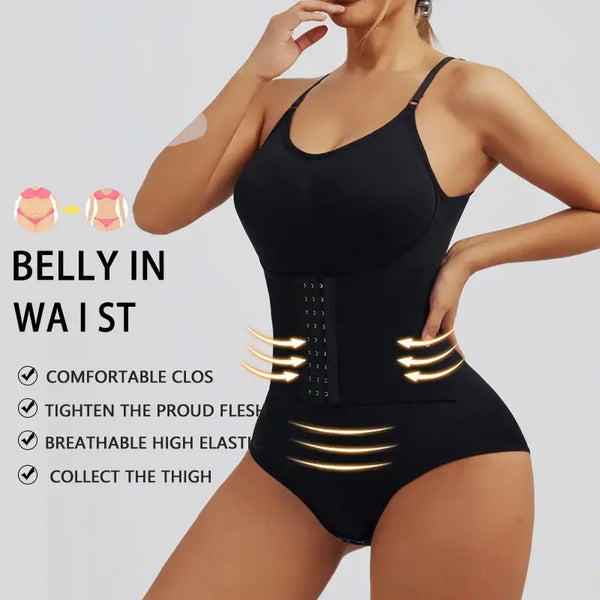 Black waist trainer worn by a model with text highlighting features on a light gray background