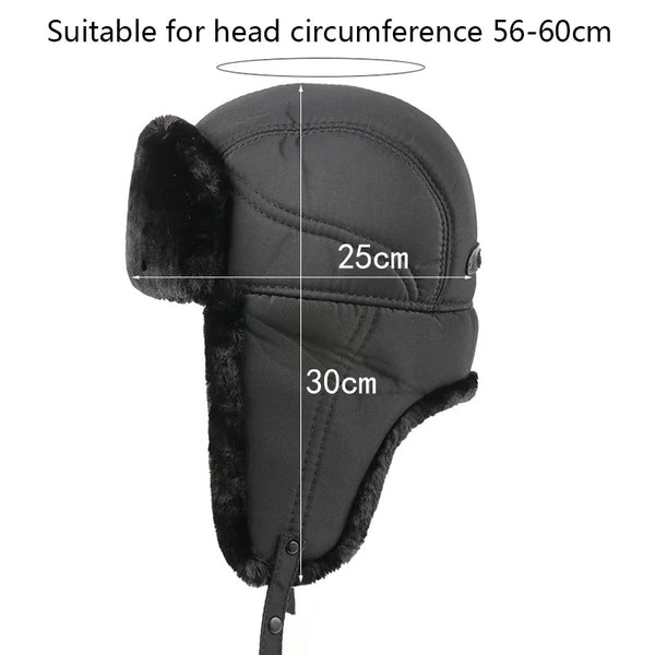 Black winter hat with ear flaps and measurements on a white background