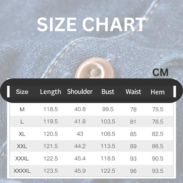 Size chart for clothing with measurements in centimeters on a blurred fabric background