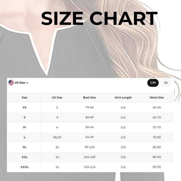 Size chart overlay on a blurred background with a person wearing a gray top.