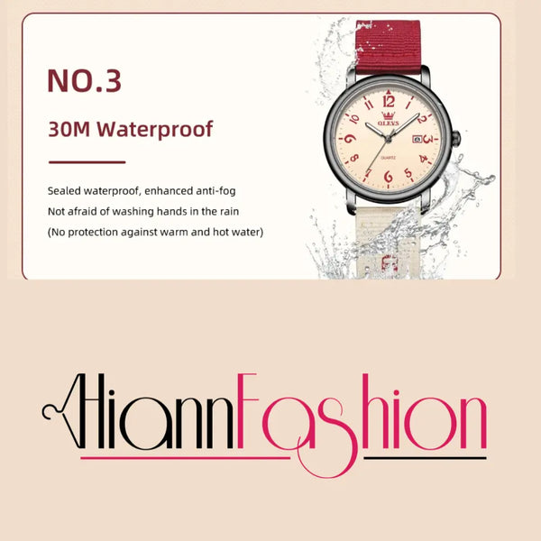 Watch with red strap and beige face on a beige background, featuring Hiann Fashion branding.