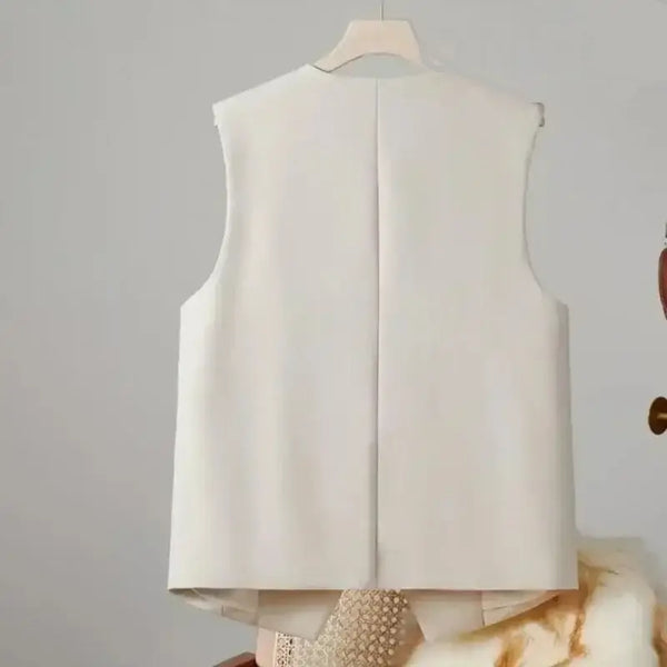 White vest on a hanger against a neutral background