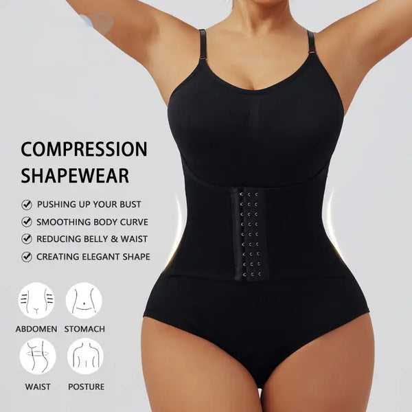 Black compression shapewear with features listed on a gray background