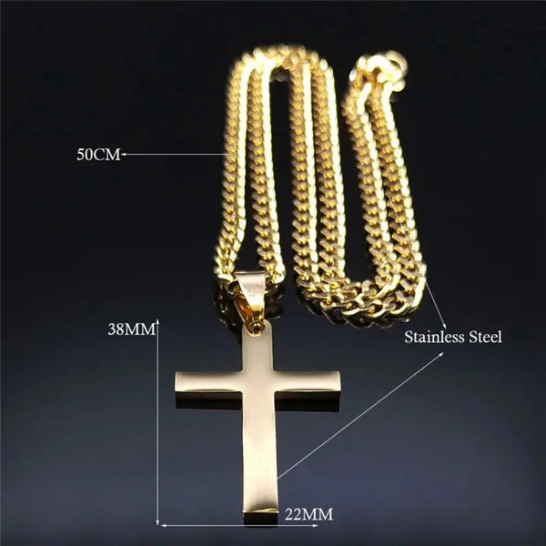 Gold chain necklace with a stainless steel cross pendant, showing measurements on a dark background.