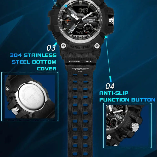 Black rugged analog watch with a textured strap, digital and analog dials, and inset callouts showing the 304 stainless steel bottom cover and anti-slip function button on a dark blue background.
