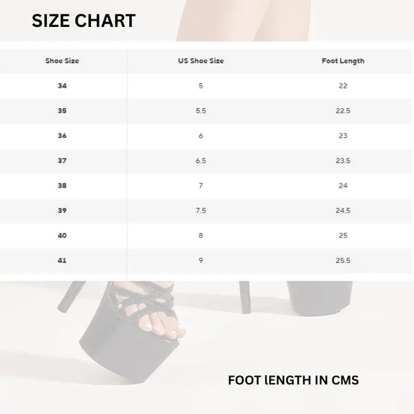 Size chart for shoes with shoe size, US shoe size, and foot length measurements.