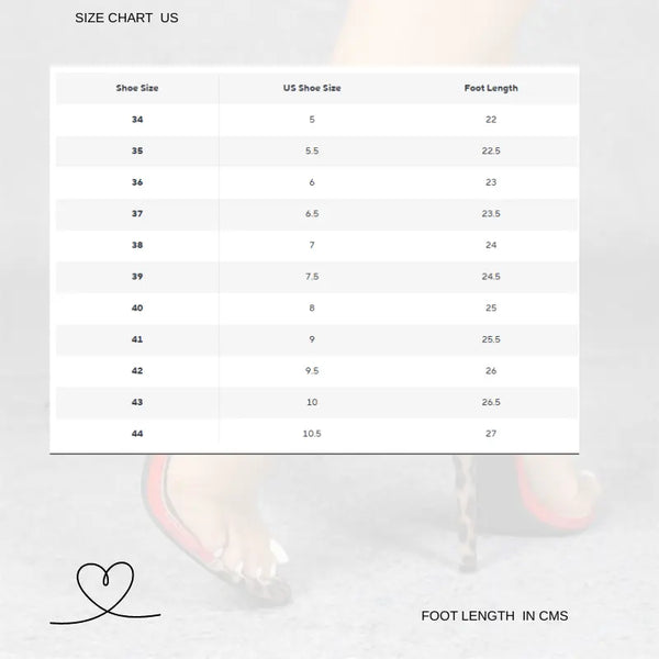 Size chart for US shoe sizes with foot length measurements on a light gray background.
