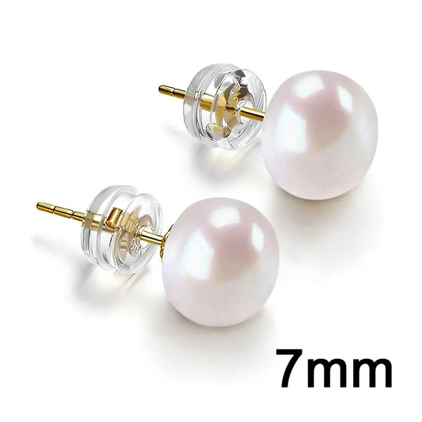 Pair of pearl earrings with gold posts on a white background, size 5mm.