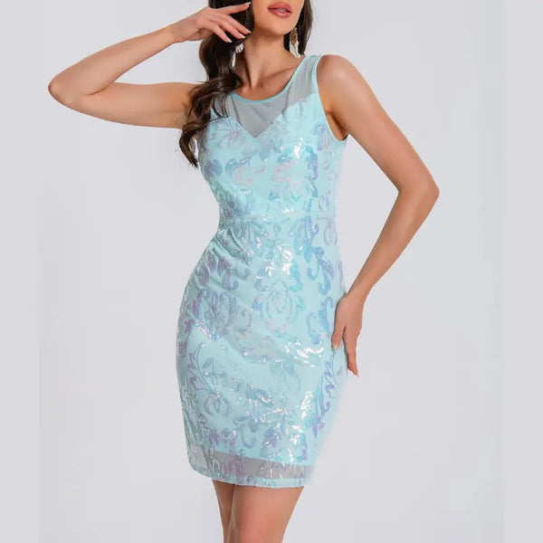 Light blue sequin dress worn by a model on a white background