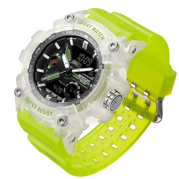A rugged sport watch with a translucent white case, black dial, and bright neon yellow-green silicone strap, shown on a plain white background.