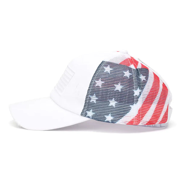 Trucker hat with American flag design on a white background