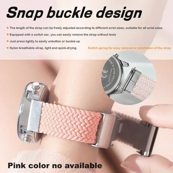 A pink braided watch strap with a silver metal buckle, shown worn on a wrist and held by a hand. The image includes marketing text about the snap buckle design, features, and a note that pink color is no longer available.