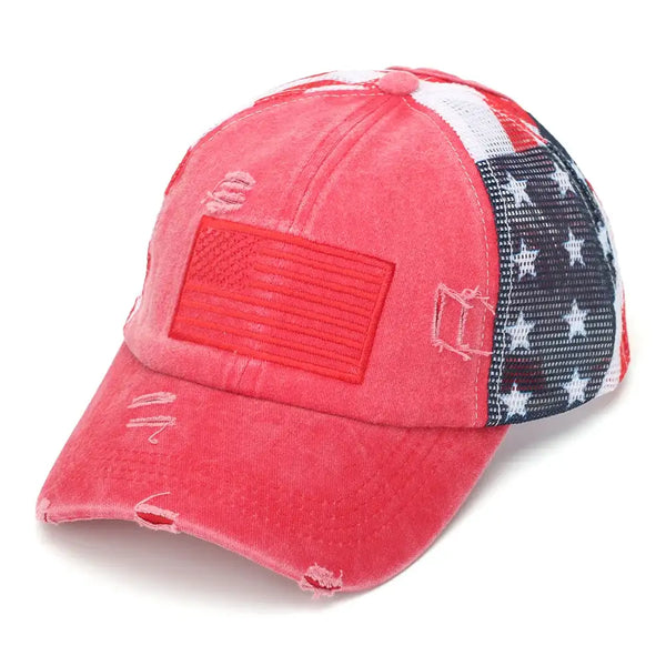 Red distressed baseball cap with American flag patch on a white background