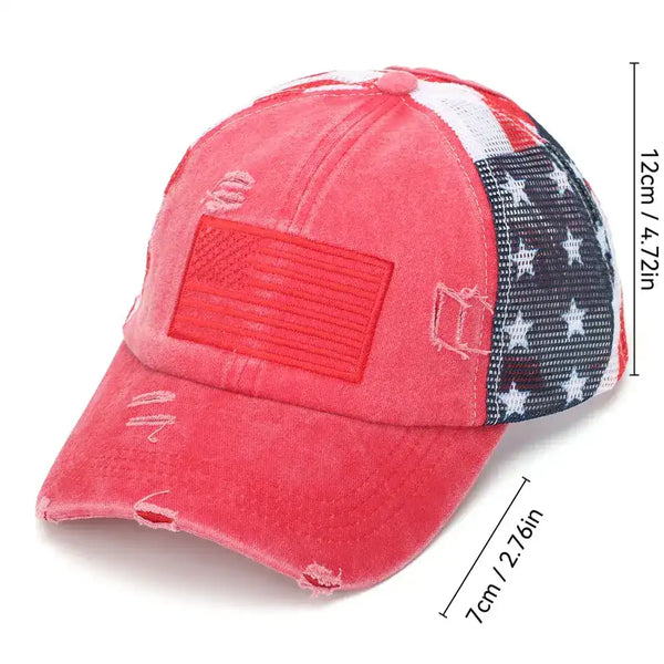 A distressed baseball cap with a red front patch, a red, white, and blue American flag pattern on the back, and dimension lines showing its height and brim length on a white background.
