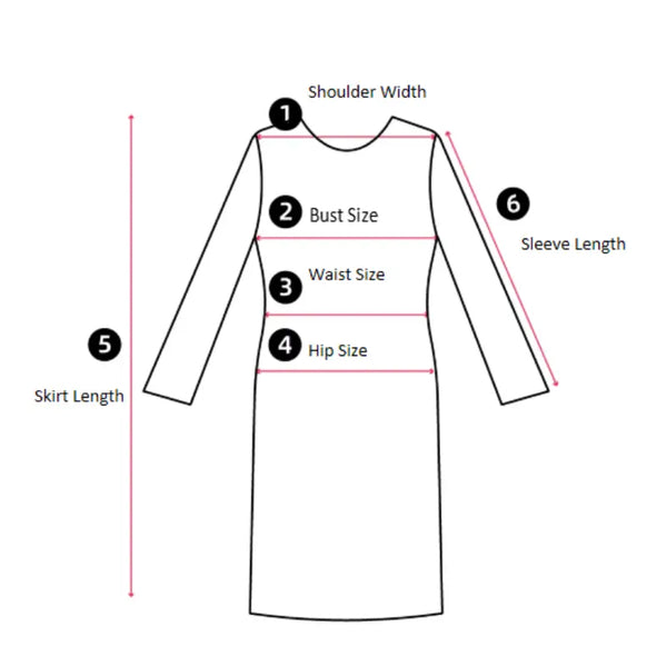 Diagram of a dress with measurement points labeled on a white background