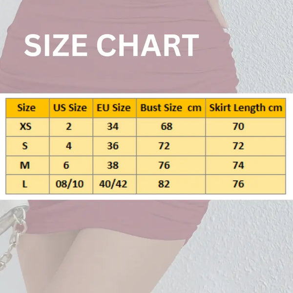 Size chart for a skirt with measurements in US, EU, bust, and skirt length.