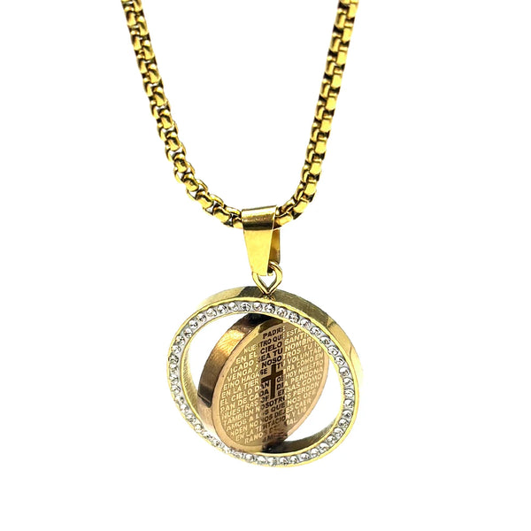 Gold necklace with a round pendant on a white background