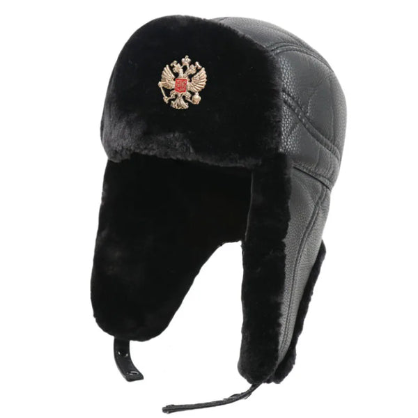Black fur hat with a emblem on a white background