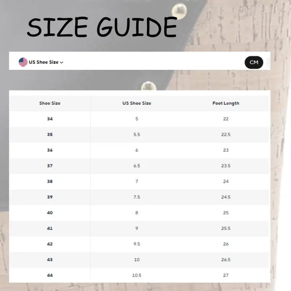 Size guide chart for shoes with shoe sizes, US shoe sizes, and foot lengths displayed.