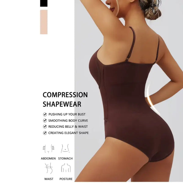 Brown compression shapewear on a model with text detailing its features.
