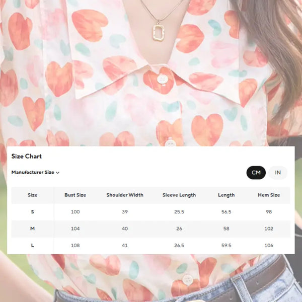Size chart overlay on a garment with heart pattern