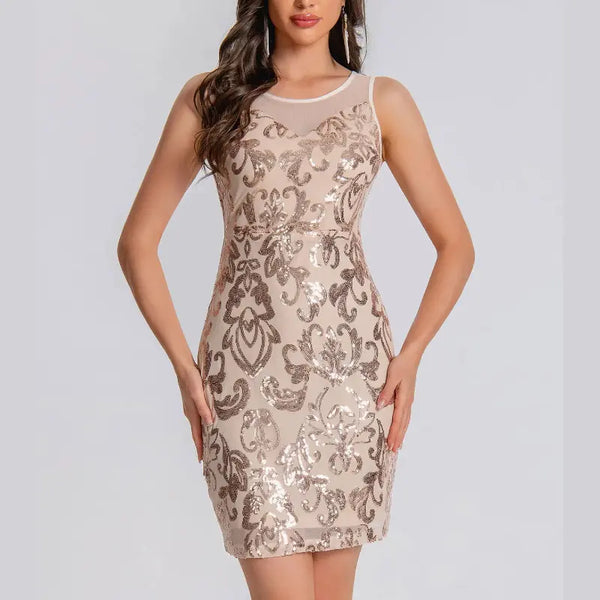 Beige sequin dress worn by a model on a light gray background