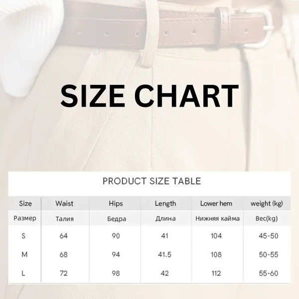 Size chart overlay on a blurred background with clothing items.