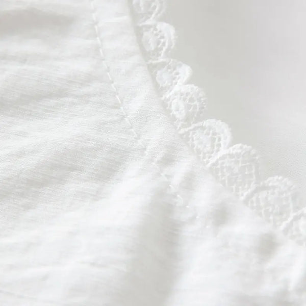 Close-up of white fabric with lace detailing on a light gray background