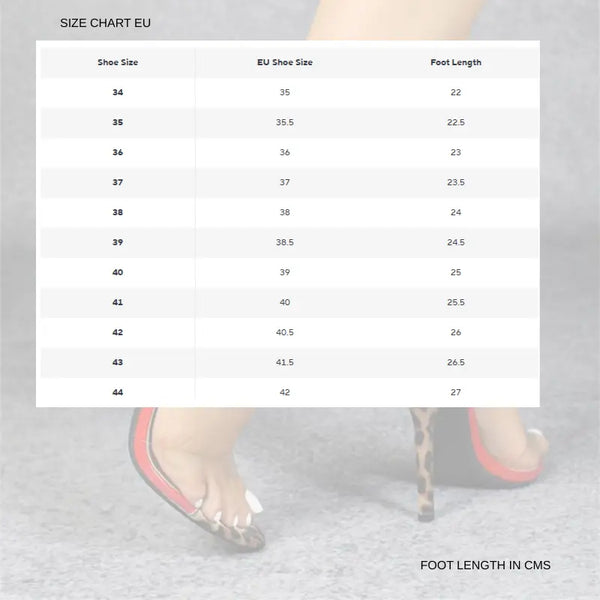 Size chart for shoe sizes in EU with foot length measurements on a gray background