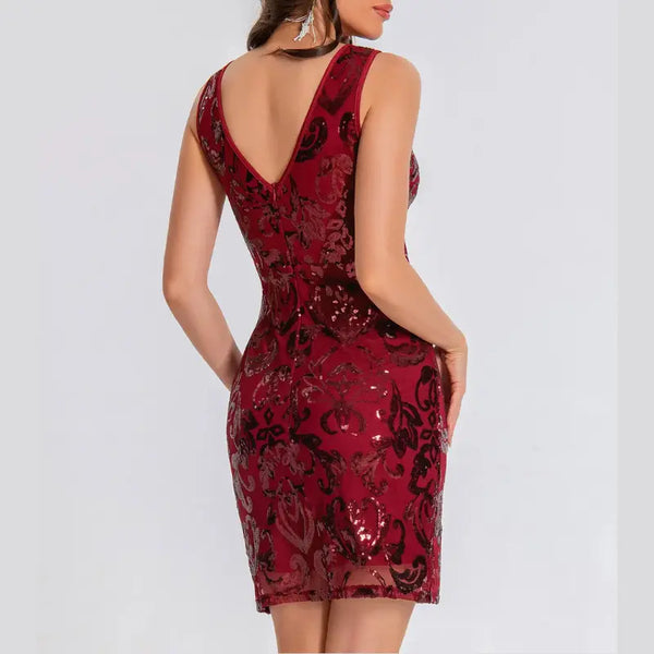 Red lace dress with a V-neckline on a white background