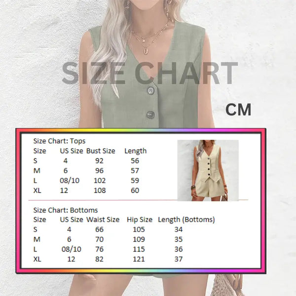 Size chart overlay on a person wearing a green sleeveless top with buttons.