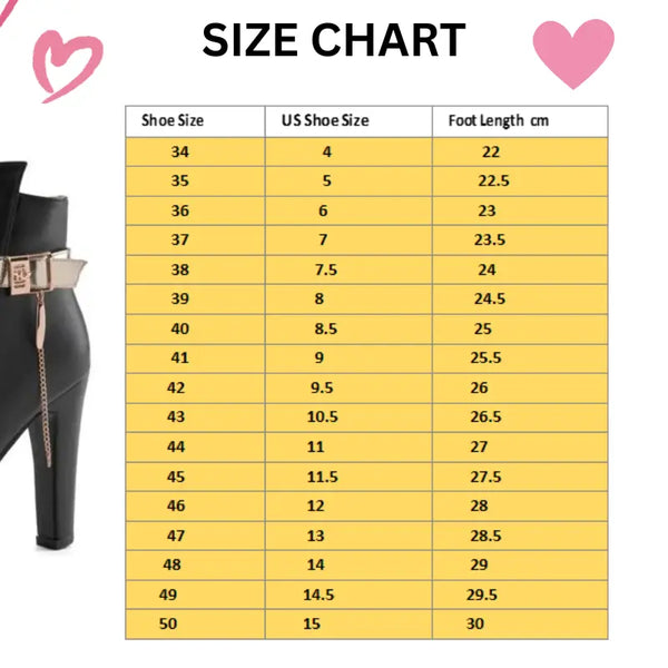 Size chart for shoes with heel to toe measurements and US sizes displayed on a yellow background.