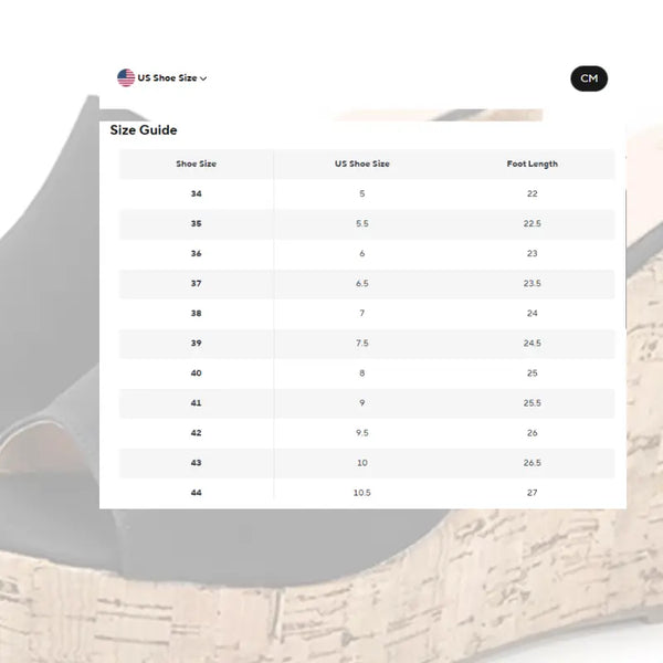 Shoe size guide overlay on a shoe product image