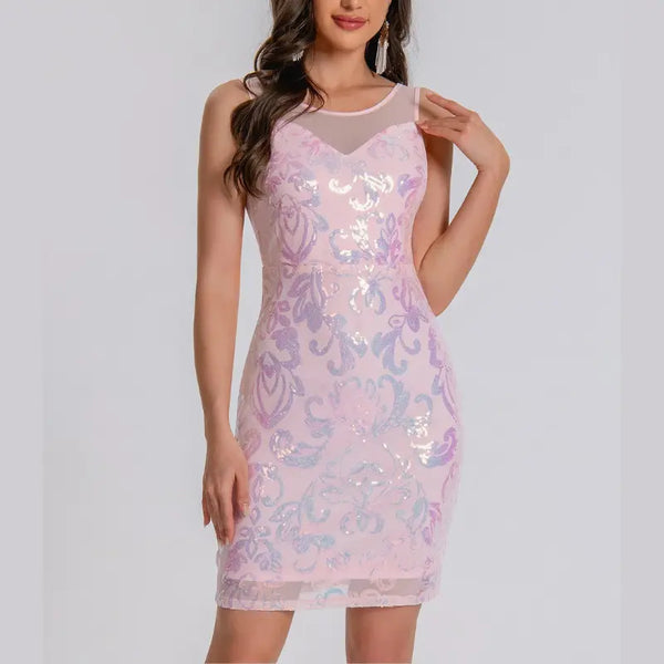 Woman wearing a light pink sequin dress on a white background