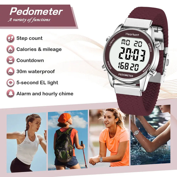A digital wristwatch with a dark burgundy textured strap and a silver-toned case, shown on a promotional graphic. The watch face is black with white text and digital time.