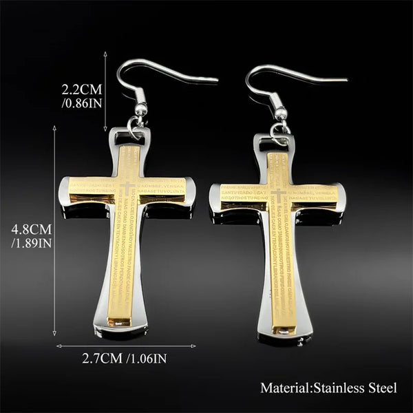 Cross-shaped earrings with measurements and material information on a black background