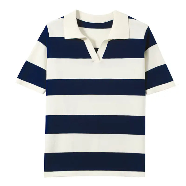 Navy and white striped polo shirt on a white background