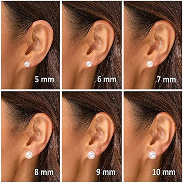Set of pearl earrings shown on ears with labeled sizes from 5 mm to 10 mm.