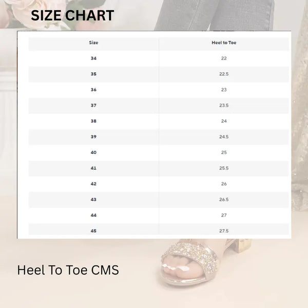 Size chart for shoes with heel to toe measurements on a light background