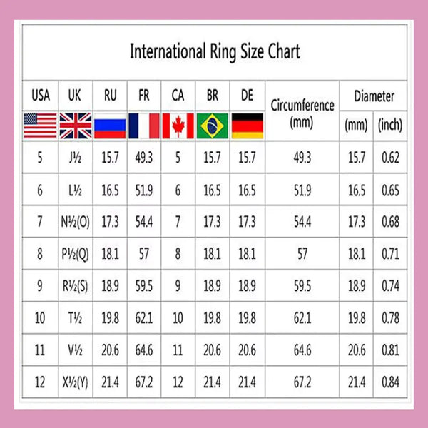 International Ring Size Chart with various country flags on a pink background
