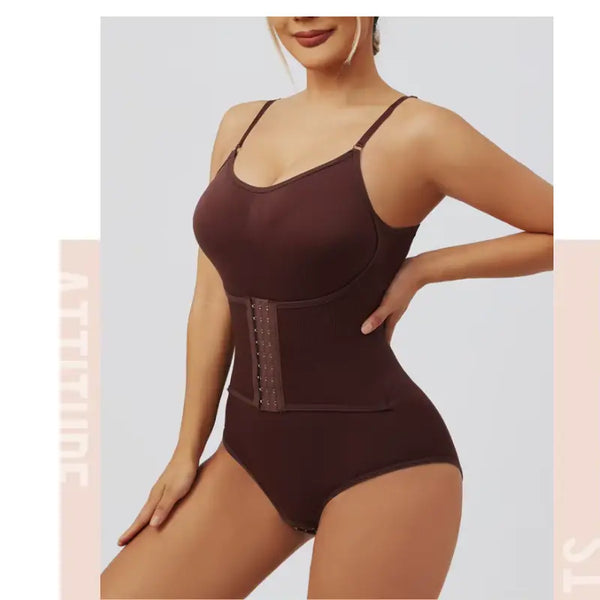 Woman wearing a brown compression garment against a light gray background