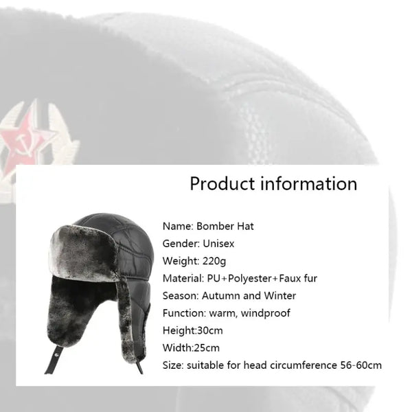 Bomber hat with product information on a white background