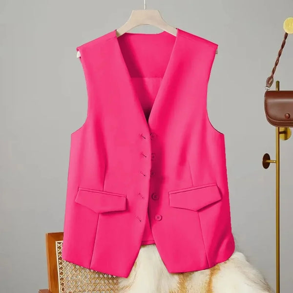 Pink vest on a hanger against a gray background