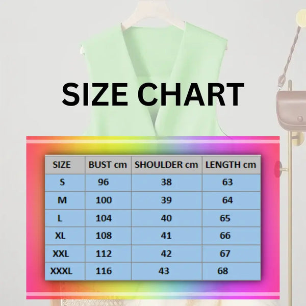 Size chart overlay on a green sleeveless top with a hanger against a light gray background.