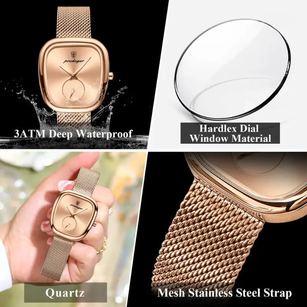 Rose gold watch with mesh stainless steel strap, hardlex dial, and waterproof feature.