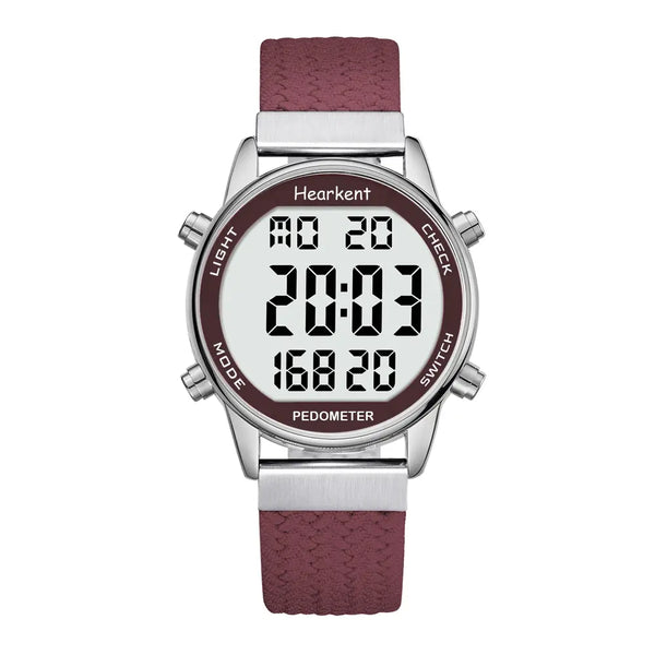 Digital watch with a red strap on a white background